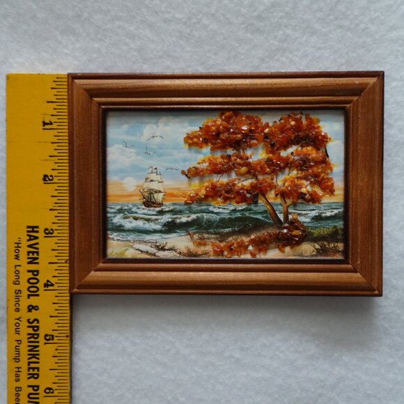 Vintage Miniature Painting Print with Baltic Amber Tree Landscape Ship Seascape - Picture 8 of 8